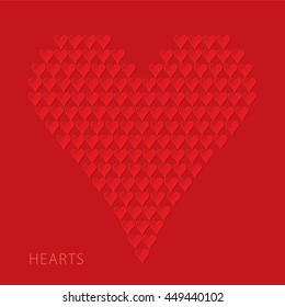 Card Suits Hearts Made of Hearts - Paper Effect Game Symbol Hearts with Shadows on Red Background - Gradient Graphic Style