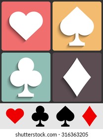 Card suits: Hearts, Spades, Clubs, Diamonds. Set of vector symbols of playing cards. Icons for casino, gambling or poker.