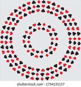 Card suits. Hearts, tambourines, peaks and clubs. Playing cards. Arranged in a circle. Vector illustration