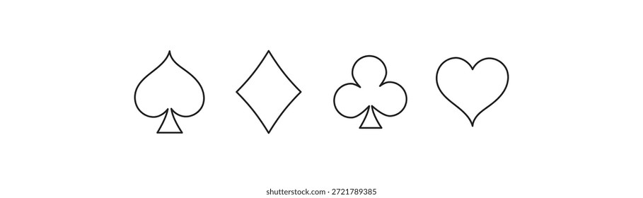 Card suits icon, playing cards, Collection of four primary playing card suits icons isolated on white background for design, vector illustration.