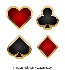 Card suits icon set for casino with golden border and stars