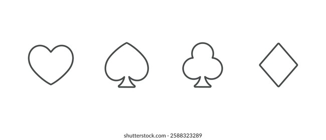 Card Suits Icon Set. Thin Line Illustration of Heart, Spade, Club, and Diamond Symbols for Poker, Gambling, and Casino Games. Isolated Vector Signs.