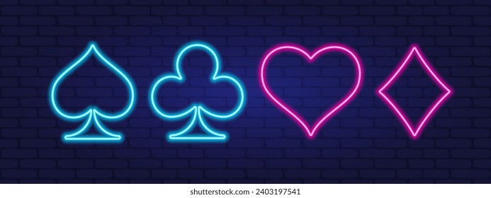 Card suits icons. Neon style image. Suit deck of playing cards. Vector illustration