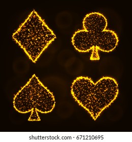 Card suits illustration icon, Lights Silhouette on Dark Background. Glowing Lines and Points. Card suits vector illustration.