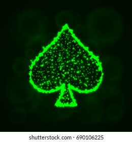 Card suits illustration icon, Lights Silhouette on Dark Background. Glowing Lines and Points. Card suits vector illustration. Spades sign.