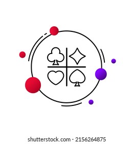 Card suits line icon. Diamonds, Trump, Hearts, Clubs, Spades. Poker playing cards, fool. Gambler concept. Vector line icon for Business and Advertising