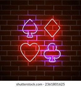 Card suits neon sign, bright signboard, light banner. Card suits logo neon, emblem. Vector illustration