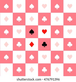 Card Suits Pink White Chess Board Background Vector Illustration.