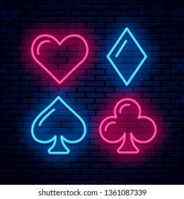 Card suits, poker, blackjack, neon icons. Glowing casino signboard.