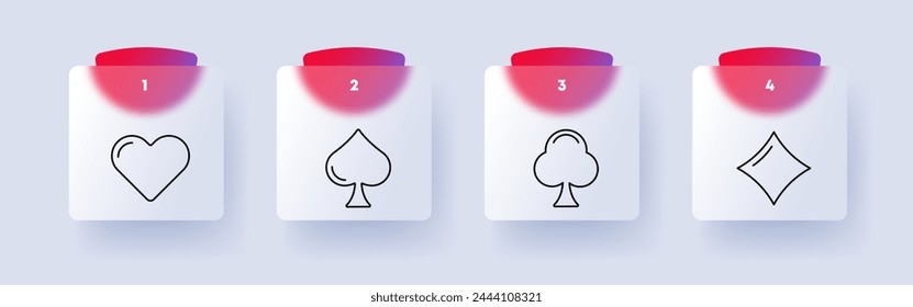 Card suits set icon. Spades, diamonds, crosses, hearts, card game, silhouettes, casino, bet, game for money, numbering. Gambling concept. Glassmorphism style.