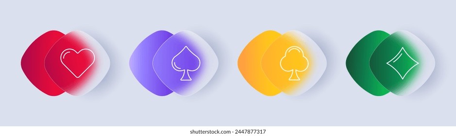 Card suits set icon. Spades, diamonds, crosses, hearts, card game, silhouettes, casino, bet, game for money, gradient. Gambling, allure and excitement of gaming world concept. Glassmorphism style.