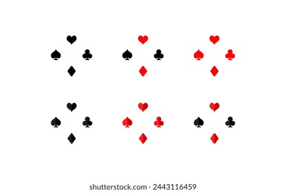 Card suits set of icons. Red and black suits of cards. Silhouette and flat style. Vector icons