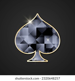 Card suits vector icon. Black faceted crystal spades in gold frame with glimmer.
