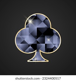 Card suits vector icon. Black faceted crystal clubs in gold frame with glimmer.