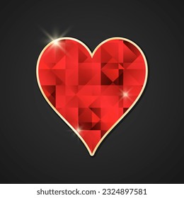 Card suits vector icon. Black faceted crystal hearts in gold frame with glimmer.