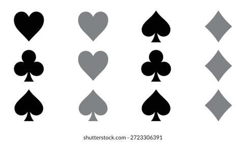Card Suits design de ícone de vetor para uso múltiplo. Suíte de símbolos de cartas de jogo. Ícones de naipe de cartão vetor, clubes diamantes copas ícones de espadas, Casino Poker e elementos gráficos de jogo. 