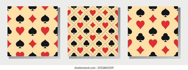 Colección de patrones sin costuras de Vector de trajes de tarjeta. Corazones, cruces, picas y diamantes sobre fondo beige. Mejor para textiles, decoración de casino, Fondos de pantalla, papel de embalaje, paquete y Diseño web.