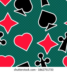 card suits with a white outline are randomly located on a green, with a white, thin lines, grid, background. cute seamless pattern with casino symbols. vector