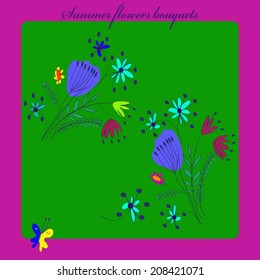 Card with  summer bouquets of colored flowers on a green rounded rectangle,    purple tex on a pink frame. Handmade.