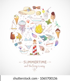 Card with summer doodle sketch elements on white background