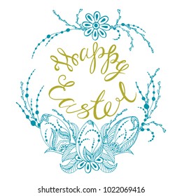 card with summer happy easter, easter eggs in zen style graphics, vector illustration.