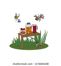 Card with summer meadow. Bees, jam, table and apricot juice.