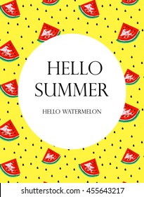  card with summer pattern with watermelon on yellow background, vector hand drawn invitation