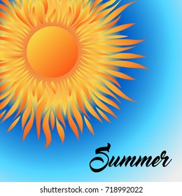 Card with Summer Sun on the Blue Sky and Text. Vector Illustration. Flat Style. Sunrise and Sunset. Decorative Summer Design.