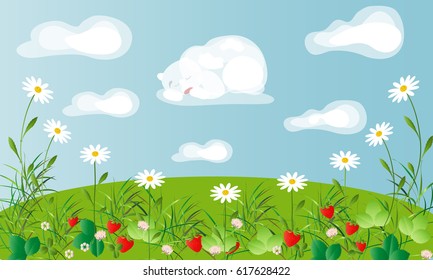 Card with a summer theme. The field of daisies and wild strawberries.