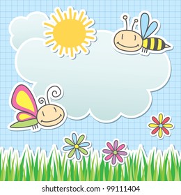 card with sun, cloud, butterfly and bee