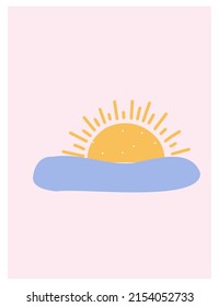 Card sun in the cloud, dawn, sunset on pink backgroung in flat style, vector illustration for sticker, print, poster 