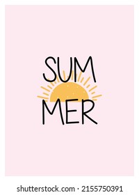 Card sun, dawn, sunset on pink background with text in flat style, vector illustration for sticker, print, poster