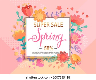 Card for super sale in spring with handdrawn lettering in square frame on geometric background pastel colors with  beautiful flowers. Vector illustration template, banner, flyer, invitation, poster.