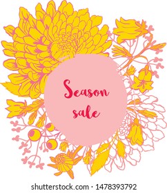 Card for super sale in spring, summer with in square frame on geometric background with beautiful flowers. Vector illustration template, banner, flyer, invitation, poster