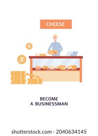 Tarjeta de apoyo a pequeñas empresas locales con el propietario de una lechería de queso o de una crema, ilustración vectorial plana aislada en fondo blanco. Producción de quesos de artesanía.