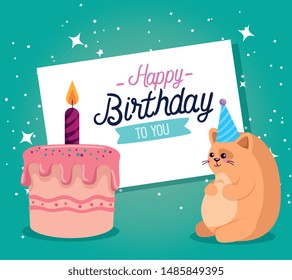 card with sweet cake with candle and cat cute animal