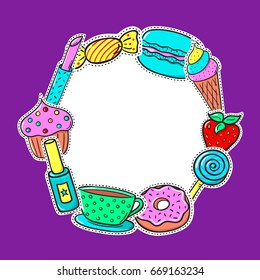 Card with sweets and cosmetics. Vector illustration. Frame with place for your text.