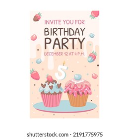 Card with sweets. Ice cream, macaroons, birthday cupcakes vector illustration with text, time, date. Celebration and dessert concept for flyer and announcement poster design