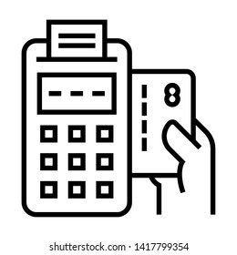 Card swipe machine with hand. Simple design. Line vector. Isolate on white background.