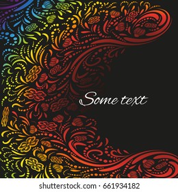 Card with swirls in dark color. Vector illustration. Pattern with color branches, leaves and flowers on a black background . Template for invitations, greeting cards