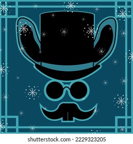 Card with symbol of 2023 new year by chinese luna calendar, Style retro rabbit with glasses, mustache, top hat and snowflakes