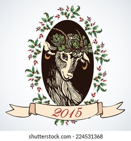 Card with a symbol of a goat in 2015. Watercolor hand-painted elements. Symbolic image of a goat. Symbol 2015. Illustration for greeting cards, invitations, and other printing projects.