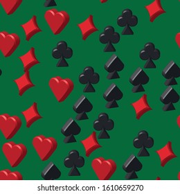 Card Symbols Seamless Pattern, 3D Illustration on Green Background