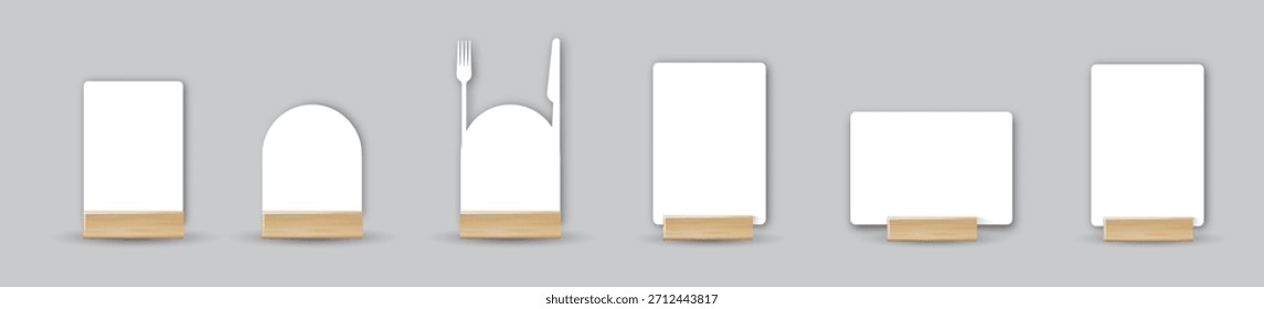 Card table menu holder stand mockup. Paper flyer mock up template. Event promotion wooden frame. Restaurant label. Vector illustration