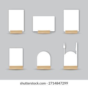 Card table menu holder stand mockup. Paper flyer mock up template. Event promotion wooden frame. Restaurant label. Vector