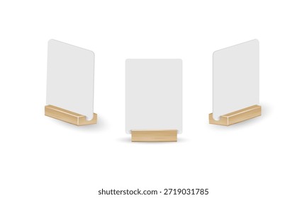 Suporte de suporte do suporte do menu da mesa do cartão. Modelo de maquete de panfleto de papel. Quadro de madeira para promoção de eventos. Etiqueta de restaurante. Vetor