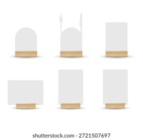 Maqueta de soporte de menú de mesa de tarjeta. Papel volante maqueta de Plantilla. Marco de madera de la promoción del acontecimiento. Etiqueta del restaurante. Vector