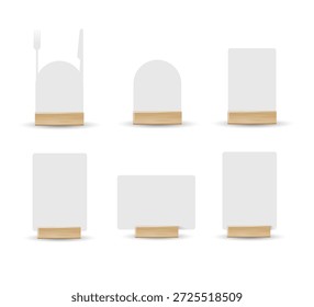 Card table menu holder stand mockup. Paper flyer mock up template. Event promotion wooden frame. Restaurant label. Vector
