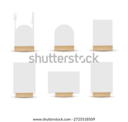 Card table menu holder stand mockup. Paper flyer mock up template. Event promotion wooden frame. Restaurant label. Vector