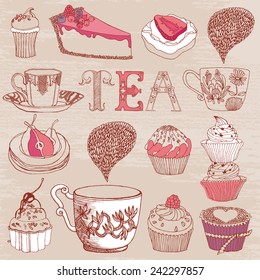 card with tea and cakes.